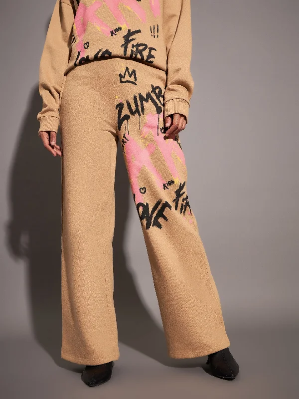 Women Beige Fleece ART Wide Leg Track Pants High-Waist Jogger Pants
