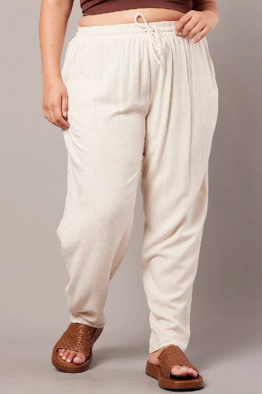 Beige Tapered Pants Elasticated Waist Cropped Soft Wool Pants