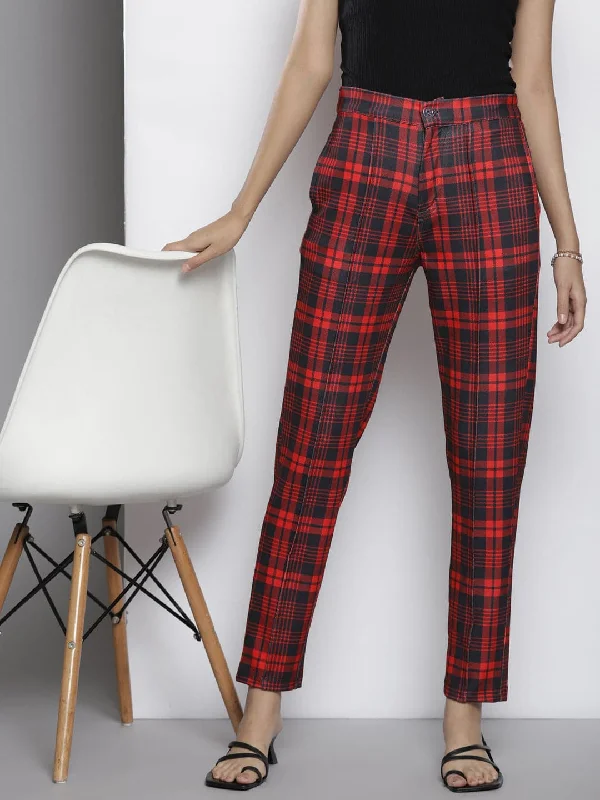 Women Red Check Knit Tapered Pants Comfortable Denim Trousers