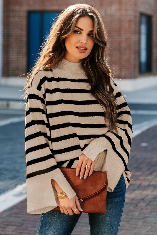 Bell Sleeve Striped Sweater High Neck Crew Neck V-Neck