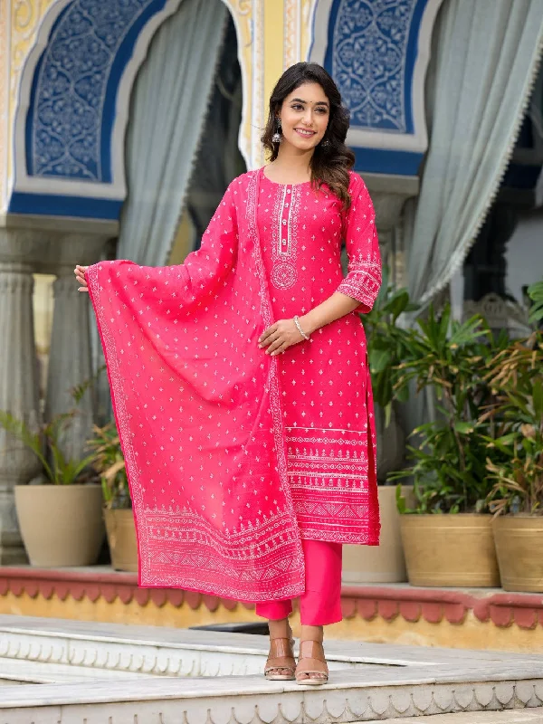 Pink Ethnic Motif Printed Liva Rayon Kurta Pant And Dupatta Set With Beads Sequins & Lace Trendy Tapered Pants Pink Ethnic Motif Printed Liva Rayon Kurta Pant And Dupatta Set With Beads Sequins & Lace Trendy Tapered Pants