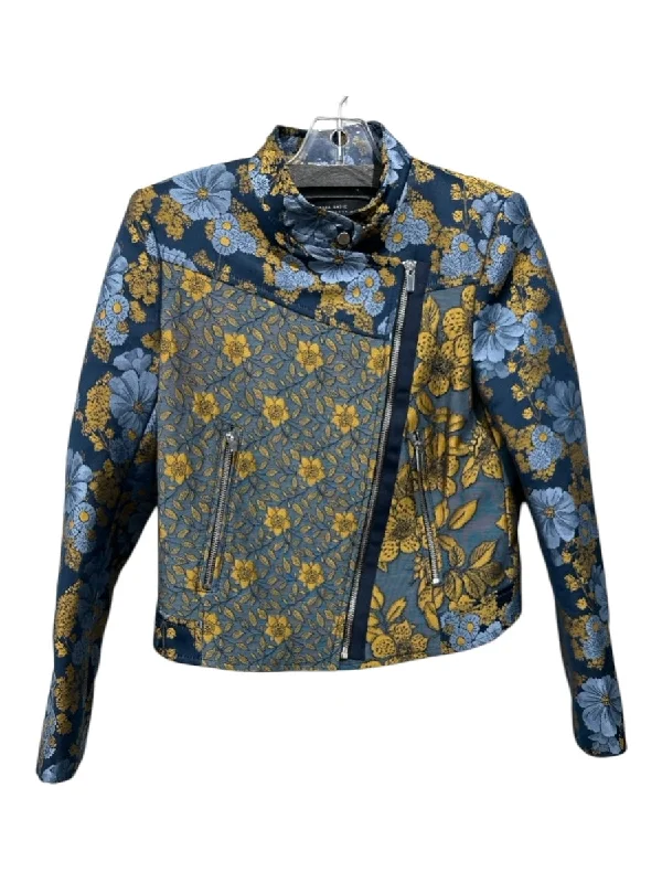 Zara Size Small Blue & Gold Polyester Blend Metallic Floral Zipper Jacket Corduroy Jacket Velvet Jacket Brocade Jacket Zara Size Small Blue & Gold Polyester Blend Metallic Floral Zipper Jacket Corduroy Jacket Velvet Jacket Brocade Jacket