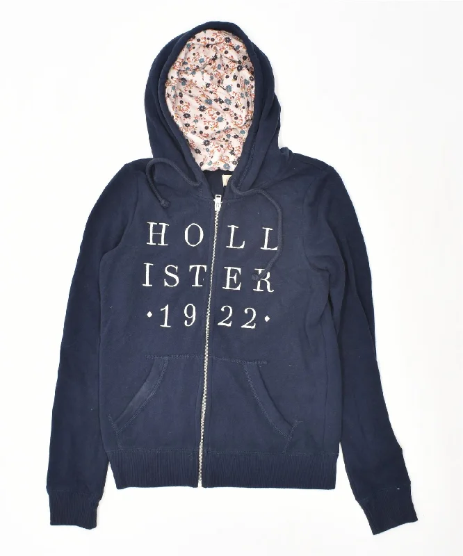 HOLLISTER Womens Graphic Zip Hoodie Sweater UK 10 Small Navy Blue Cotton Notch Collar Peter Pan Collar Cowl Neck