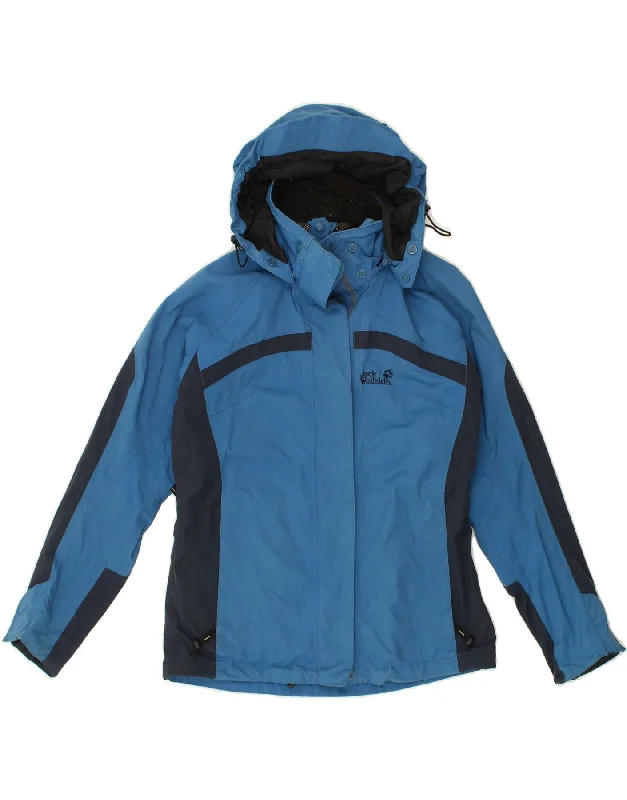 JACK WOLFSKIN Womens Hooded Rain Jacket UK 10 Small Blue Colourblock Snapped Jacket Toggled Jacket Drawstring Jacket JACK WOLFSKIN Womens Hooded Rain Jacket UK 10 Small Blue Colourblock Snapped Jacket Toggled Jacket Drawstring Jacket