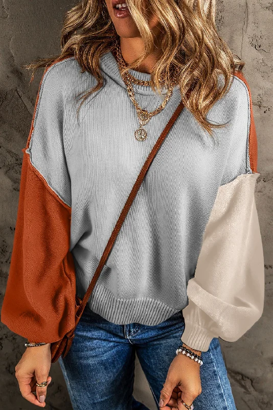Bishop Sleeve Color Block Sweater - Gray Tailored Straight A-Line
