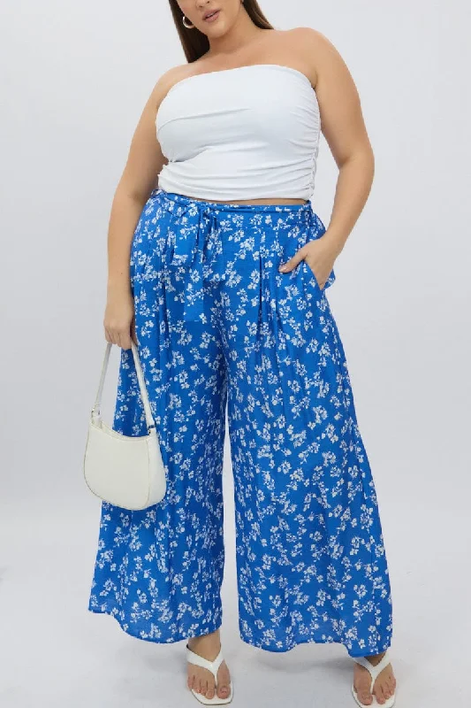 Blue Ditsy Tie Waist Wide Leg Pants Classic Bootcut Trousers