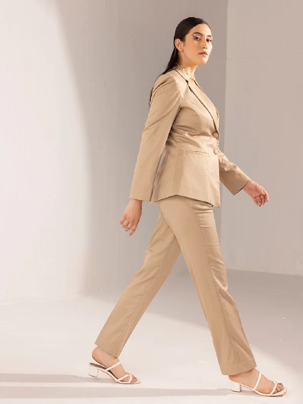 Poly Viscose Pant Suit - Beige High-Waist Yoga Pants