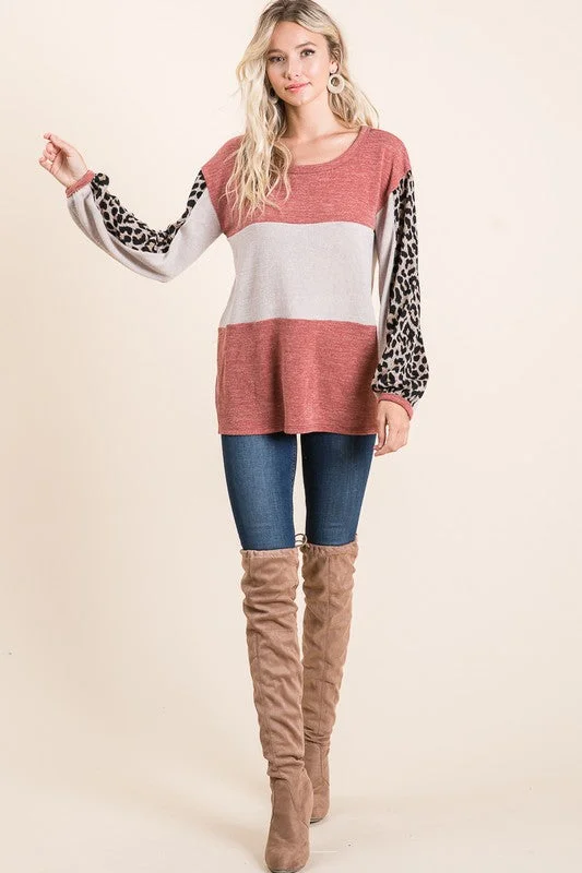 Leopard Sleeve Sweater Knit Top - Rust Ribbed Striped Patterned