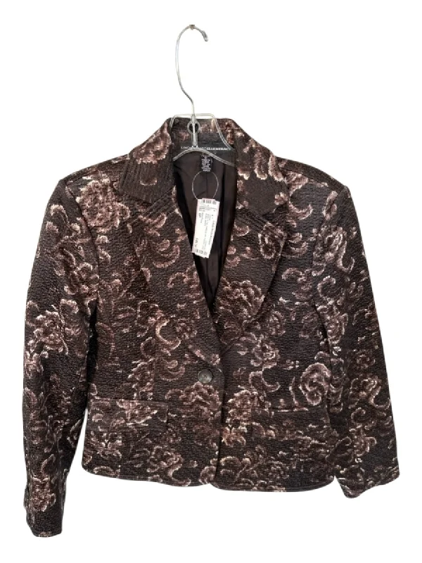 Ellen Tracy Size 6P Brown & Tan Cotton & Silk Flowers One Button Jacket Hoodie Zip-Up Jacket Button-Up Jacket Ellen Tracy Size 6P Brown & Tan Cotton & Silk Flowers One Button Jacket Hoodie Zip-Up Jacket Button-Up Jacket
