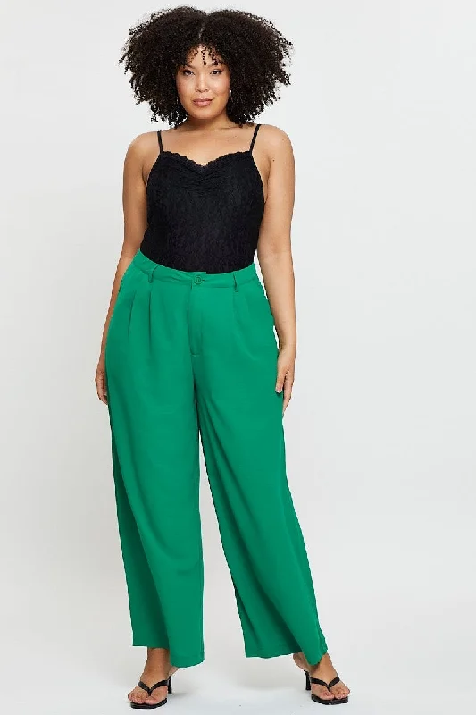 Green Wide Leg Pants High Waist Waist Tie Trendy Work Pants