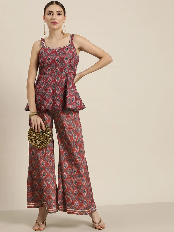 Women Maroon Floral Palazzo Pants Fashionable Work Pants