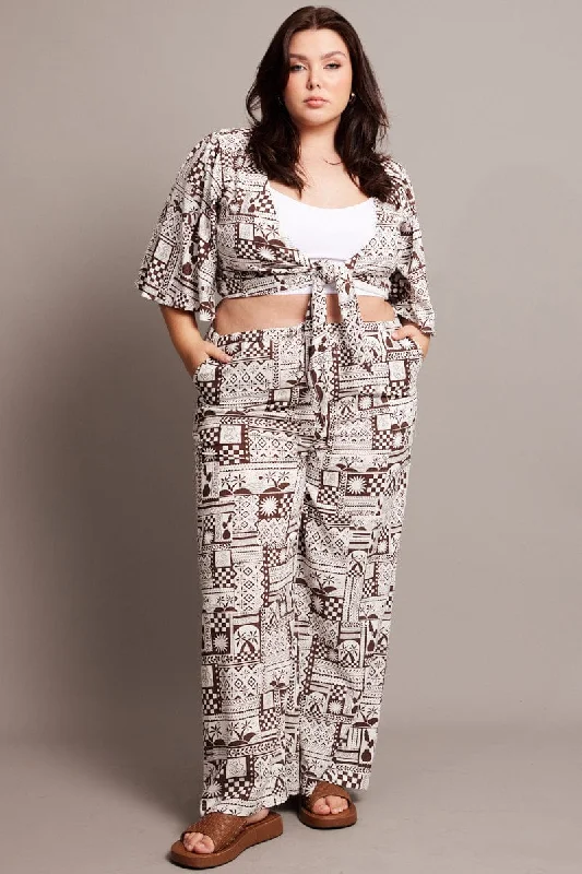 Brown Abstract Wide Leg Pants High Rise Fashionable Button-Up Pants