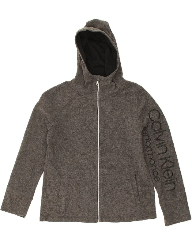 CALVIN KLEIN Womens Graphic Hooded Fleece Jacket UK 14 Medium Grey Zippered Front Buttoned Front Snap Front CALVIN KLEIN Womens Graphic Hooded Fleece Jacket UK 14 Medium Grey Zippered Front Buttoned Front Snap Front