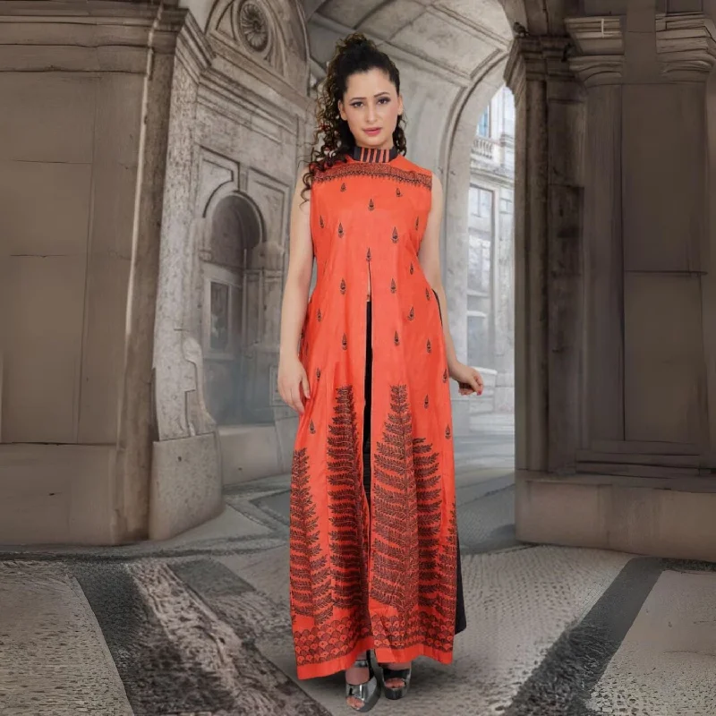 Tishya Tussar Silk Front-Slit Tunic Pant Set | Madhubani Hand-Painted | Rust & Black Casual Sweatpants Style Tishya Tussar Silk Front-Slit Tunic Pant Set | Madhubani Hand-Painted | Rust & Black Casual Sweatpants Style