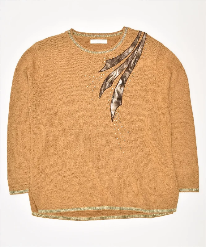 GANG LIAN Womens Crew Neck Jumper Sweater UK 16 Large Brown Faux Fur Fabric Real Fur Fabric Shearling Fabric