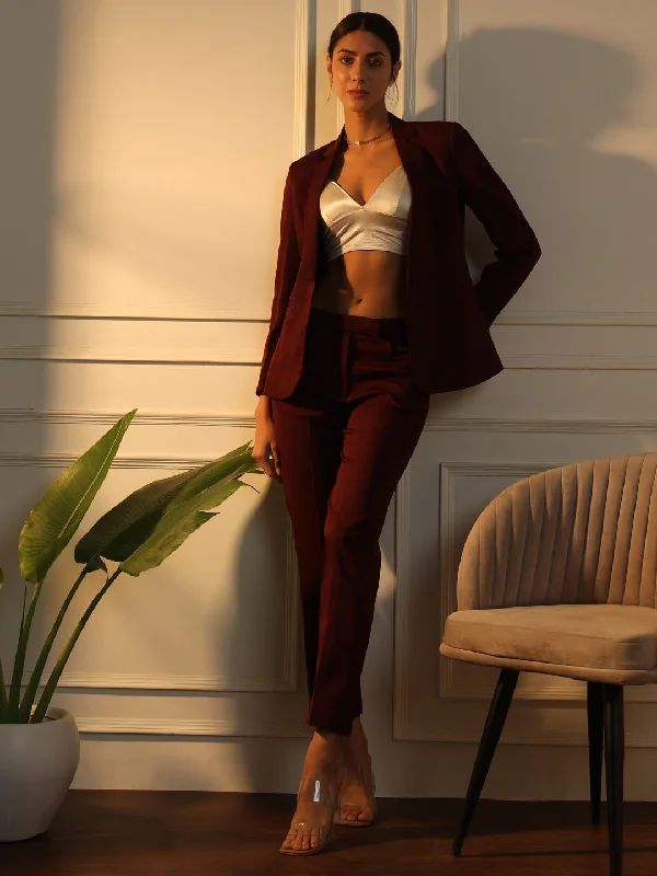 Notched Collar Stretch Pant Suit - Maroon Stylish Slim Trousers