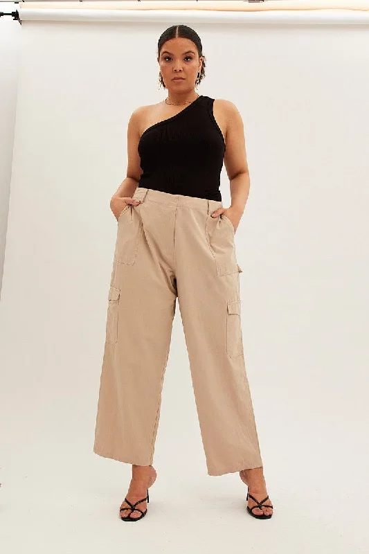 Beige Cargo Pants High Rise Comfortable Maternity Pants
