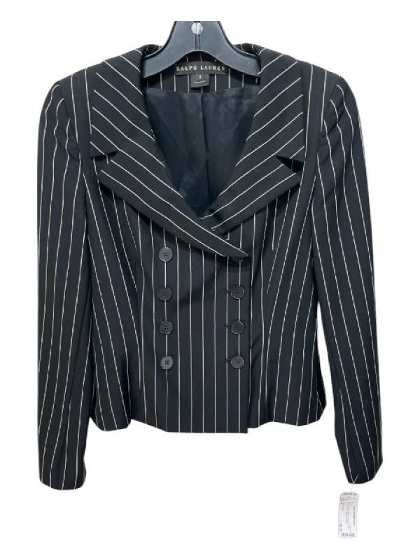 Ralph Lauren Size 4 Black & White Wool Long Sleeve Pin Stripe Peplum Jacket Chenille Fabric Brocade Fabric Lace Fabric Ralph Lauren Size 4 Black & White Wool Long Sleeve Pin Stripe Peplum Jacket Chenille Fabric Brocade Fabric Lace Fabric