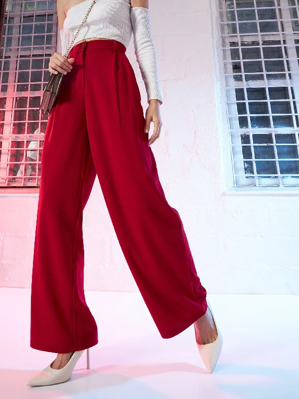 Women Red Korean Pleated Loose Fit Pants Soft Stretch Pants