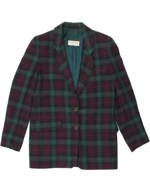 VINTAGE Womens 2 Button Blazer Jacket UK 10 Small Purple Check Wool A-Line Jacket Boat Neck Shawl Collar VINTAGE Womens 2 Button Blazer Jacket UK 10 Small Purple Check Wool A-Line Jacket Boat Neck Shawl Collar