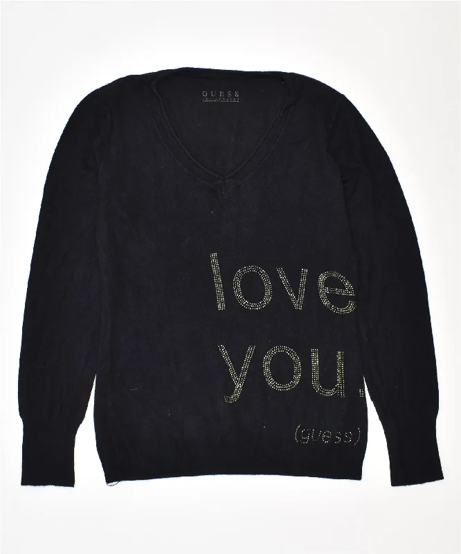 GUESS Womens V-Neck Jumper Sweater UK 12 Medium Black Print Jacquard Patchwork