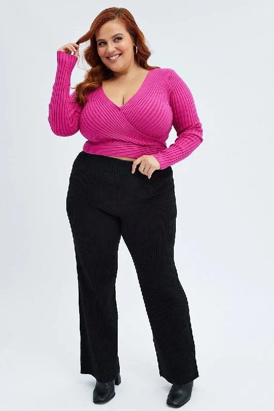 Black Knit Pants Rib Wide Leg Elastic Waist Full Length Soft Wool Pants
