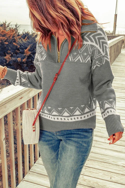 Aztec Zip Up Sweater - Gray Cable Knit Ribbed Knit Lace Knit