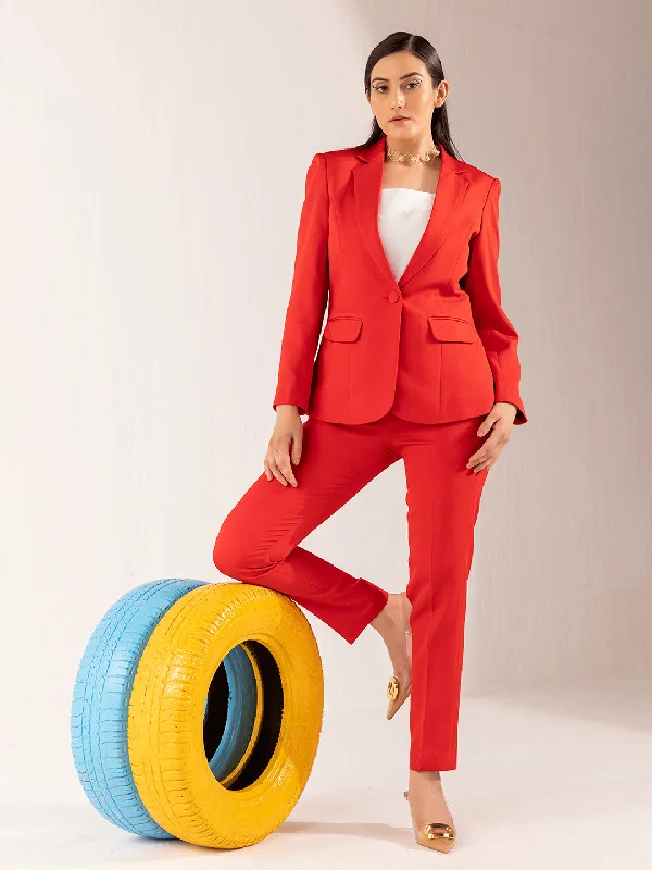 Women's Formal Stretch Pant Suit - Red Trendy Wide-Legged Trousers