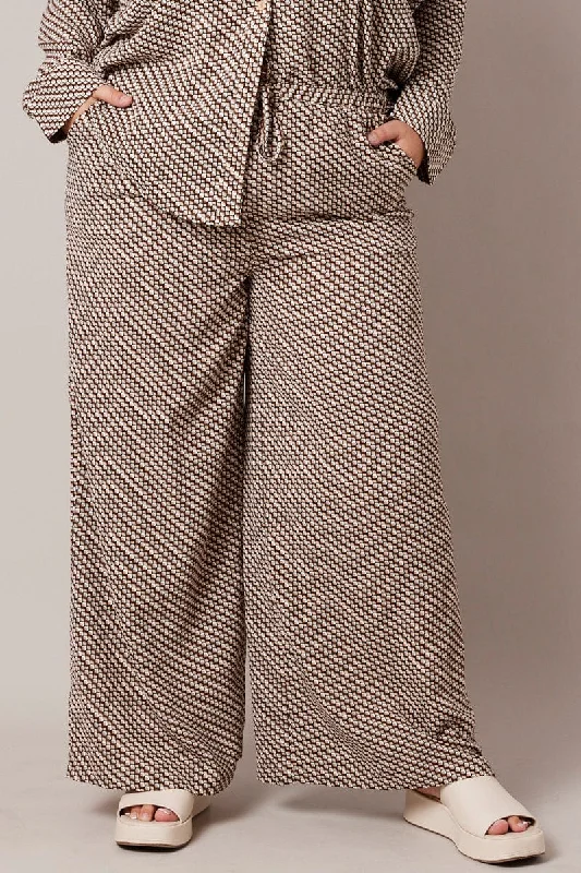 Brown Geo Wide Leg Pants High Rise Slim-Fit Khaki Pants