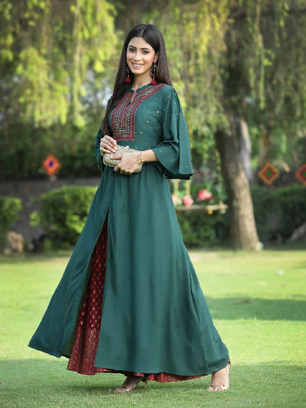 Jade Green Rayon Embroidered High-Slit Kurta & Pants Set Stylish Paperbag Waist Pants
