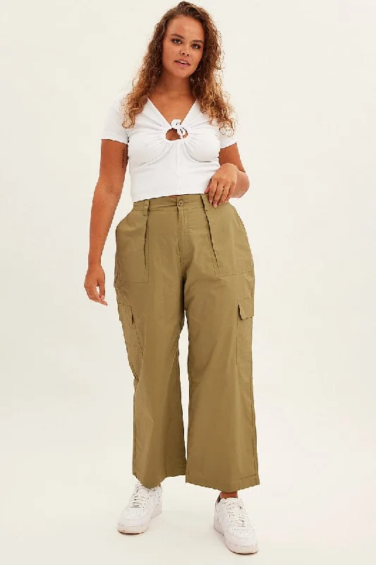 Green Cargo Pants Mid Rise Fashionable Work Pants