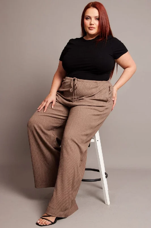 Brown Wide Leg Pants High Rise Textured Fabric Casual Track Pants