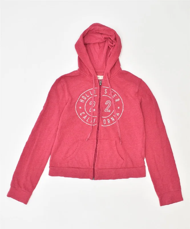 HOLLISTER Womens Graphic Zip Hoodie Sweater UK 8 Small Pink Cotton Collared Crew Neck Turtle Neck
