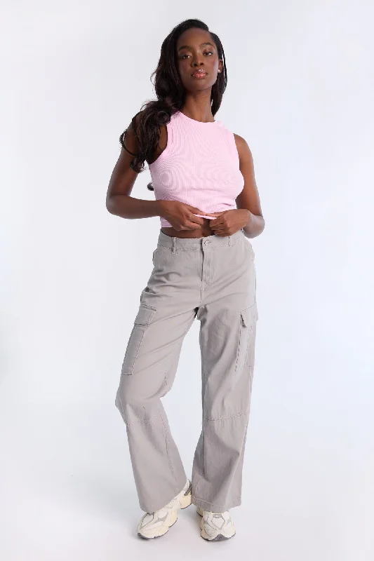 Super High Rise Wide Leg Cargo Twill Pants Relaxed Fit Trousers