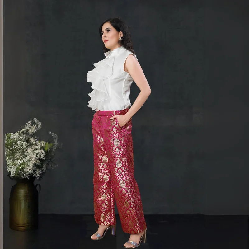 Aashvi Straight Fit Banarsi Silk Pant | Party & Festive Wear | Fuchsia Pink Comfortable Wide-Leg Pants Aashvi Straight Fit Banarsi Silk Pant | Party & Festive Wear | Fuchsia Pink Comfortable Wide-Leg Pants