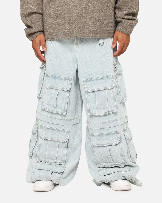 MNML Rave Multi Cargo Denim Pants Light Blue Chic Capri Pants
