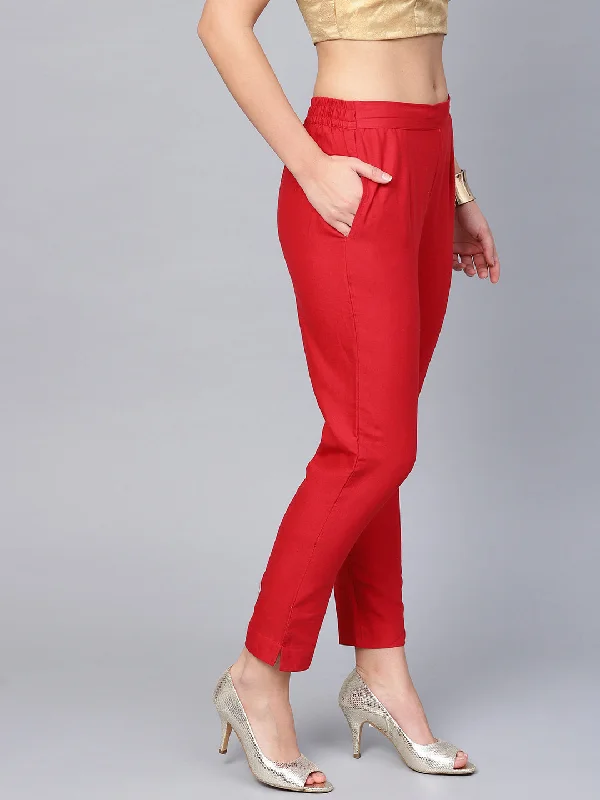 Red Cotton Flex Solid Slim Fit Pants Stylish Harem Pants