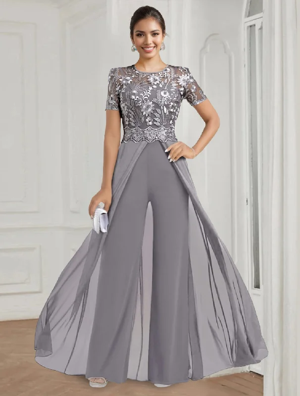 Stretch Chiffon Round Neck Short Sleeves Floor Length Mother of the Bride Pantsuits with Appliques Lace High-Waist Jeans