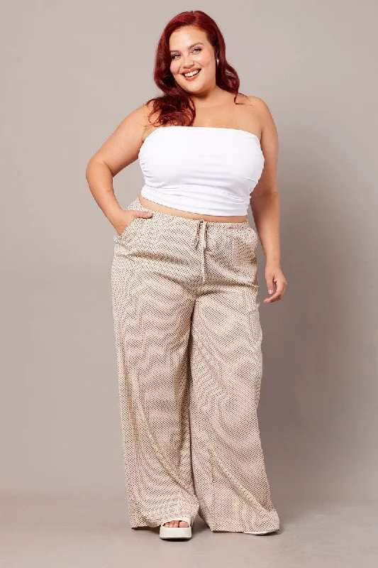 Beige Geo Wide Leg Pants High Rise Slim-Fit Leggings