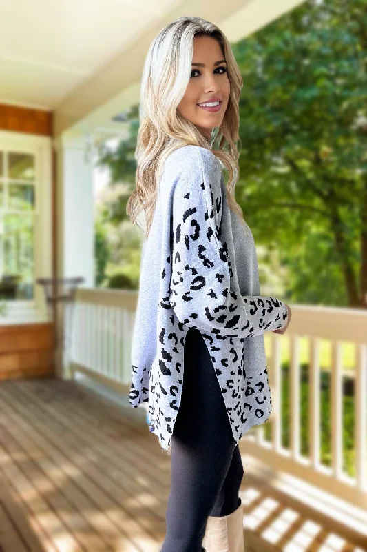 Leopard Poncho Style Sweater - Gray Open Front Closed Front Wrap Front