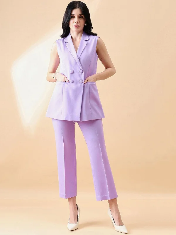 Cut- Sleeve Notch Collar Stretch Pant Suit- Lavender Comfortable Denim Pants
