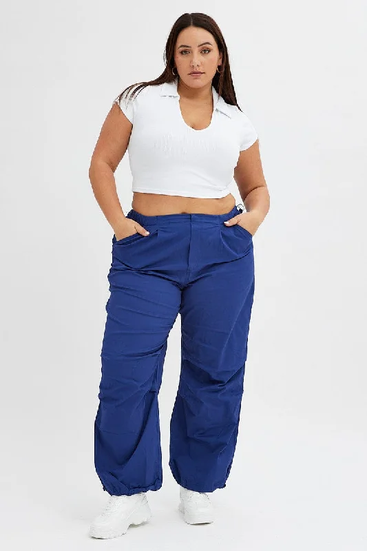 Blue Parachute Cargo Pants Low Rise Stretch Fit Pants