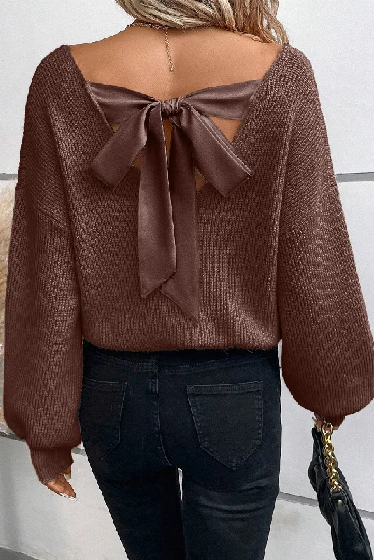 Bow Back Sweater - Brown Collared Crew Neck Turtle Neck