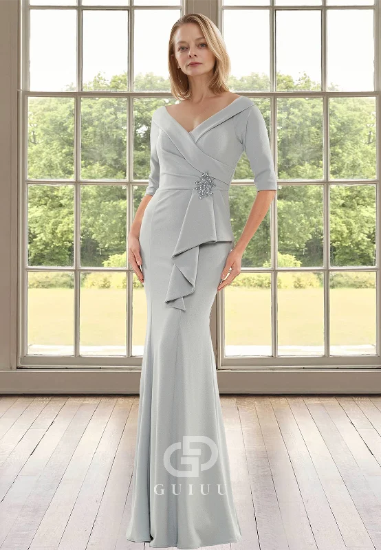 A-Line Half Sleeves V-Neck Ruched Floor-Length Satin Mother of the Bride Dress Tunics Mesh breathable