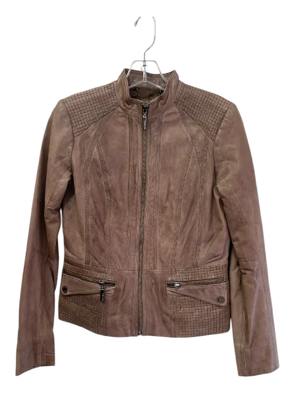 Bernardo Size XS Brown Leather High Collar Zip Pocket Gun metal hardware Jacket Lace Jacket Ribbed Jacket Sequined Jacket Bernardo Size XS Brown Leather High Collar Zip Pocket Gun metal hardware Jacket Lace Jacket Ribbed Jacket Sequined Jacket