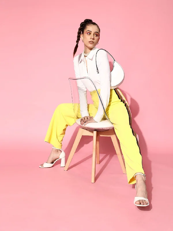 Women Yellow Rainbow Color Side Tape Straight Pants Elegant Wool Trousers