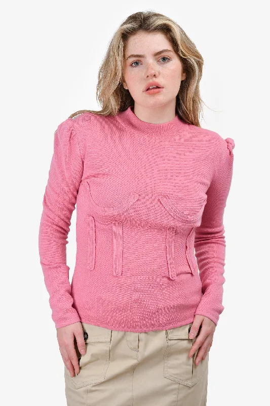 Push Button Pink Wool Bustier Detailed Sweater Size S Fleece Fabric Down Fabric Feather Fabric