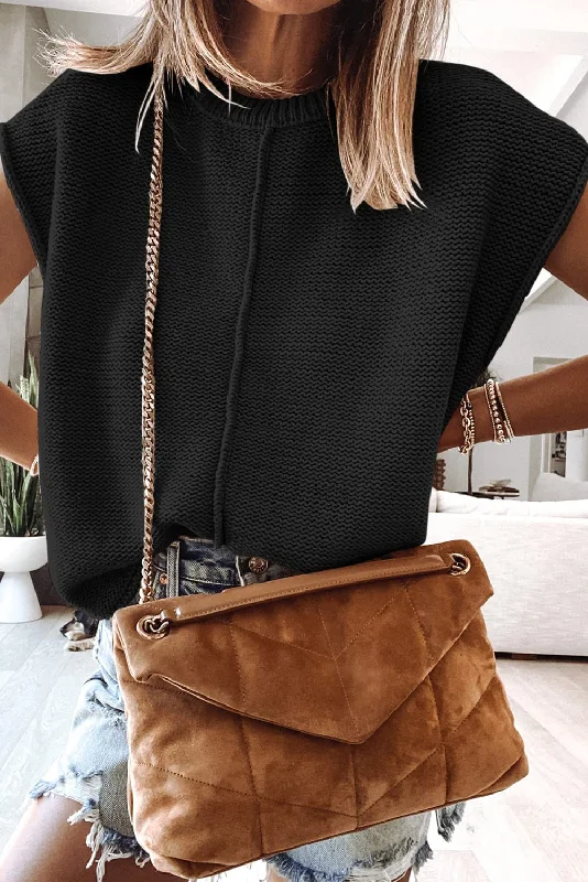 Cap Sleeve Sweater Top - Black Oversized Loose Flowy