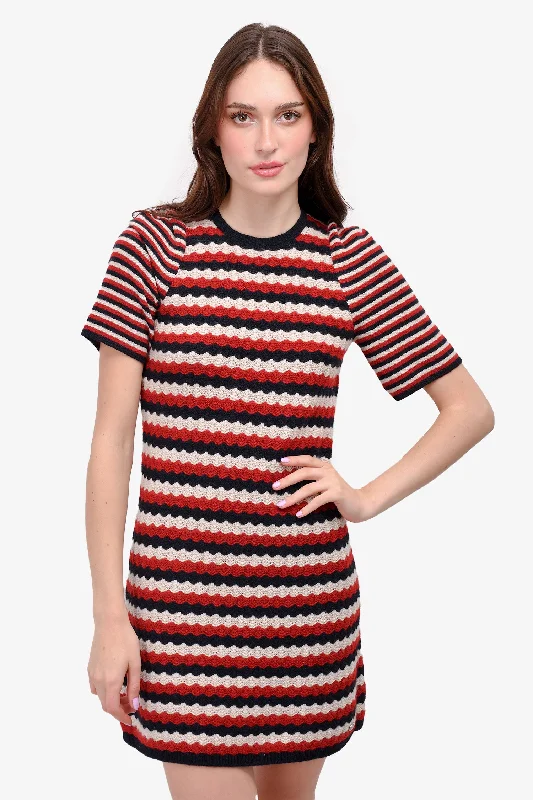Pre-Loved Chanel™ 2017 Red/Blue/Cream Striped Silk/Cashmere Knit Sweater Dress Size 38 Collared Crew Neck Turtle Neck