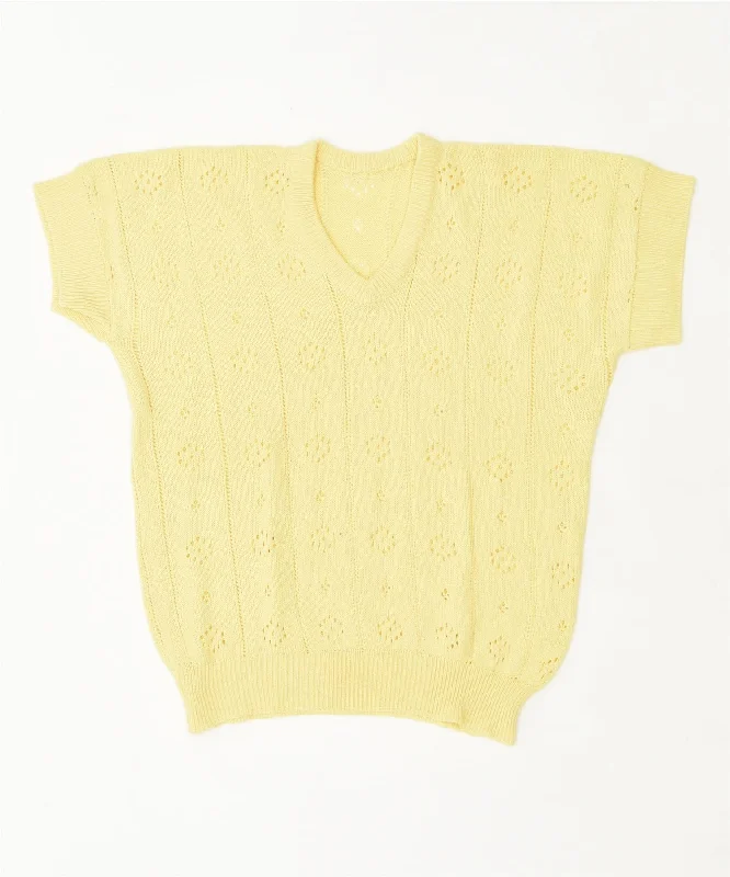 VINTAGE Womens Short Sleeve V-Neck Jumper Sweater UK 14 Large Yellow Slim Fit Regular Fit Oversized